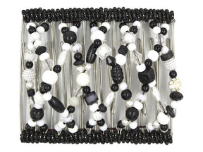 African Butterfly Wire Hair Clip - 11 Tong 531 - black faceted crystals, white pearls and clear crystal beads, white background