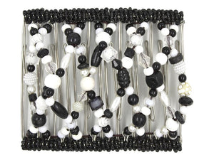 African Butterfly Wire Hair Clip - 11 Tong 531 - black faceted crystals, white pearls and clear crystal beads, white background