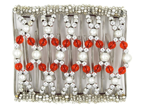African Butterfly Wire Hair Clip - 11 Tong 532 - white pearl, silver and orange crackle beads, white background