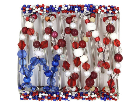 African Butterfly Wire Hair Clip - 11 Tong 533 - red, white and blue patriotic beads in American flag colors, white background