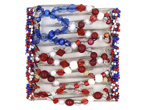 African Butterfly Wire Hair Clip - 11 Tong 533 - red, white and blue patriotic beads in American flag colors, vertical clip, white background
