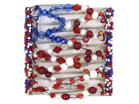 African Butterfly Wire Hair Clip - 11 Tong 533 - red, white and blue patriotic beads in American flag colors, vertical clip, white background