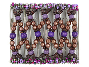African Butterfly Wire Hair Clip - 11 Tong 534 - brown pearl, deep violet, brown, and heather purple wood beads, white background
