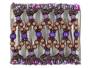 African Butterfly Wire Hair Clip - 11 Tong 534 - brown pearl, deep violet, brown, and heather purple wood beads, white background