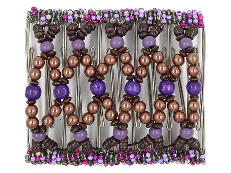 African Butterfly Wire Hair Clip - 11 Tong 534 - brown pearl, deep violet, brown, and heather purple wood beads, white background