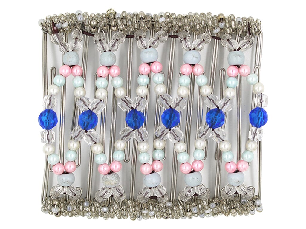 African Butterfly Wire Hair Clip - 11 Tong 535 - royal blue acrylic, clear, white, baby blue and powder pink pearl beads, white background