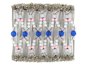 African Butterfly Wire Hair Clip - 11 Tong 535 - royal blue acrylic, clear, white, baby blue and powder pink pearl beads, white background