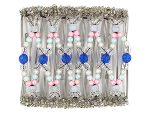 African Butterfly Wire Hair Clip - 11 Tong 535 - royal blue acrylic, clear, white, baby blue and powder pink pearl beads, white background