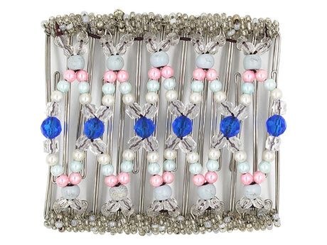 African Butterfly Wire Hair Clip - 11 Tong 535 - royal blue acrylic, clear, white, baby blue and powder pink pearl beads, white background