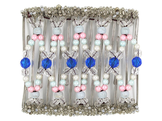 African Butterfly Wire Hair Clip - 11 Tong 535 - royal blue acrylic, clear, white, baby blue and powder pink pearl beads, white background