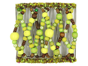 African Butterfly Wire Hair Clip - 11 Tong 536 - lime, yellow-green and light green wood beads with brown wood accents and green pearl beads, white background