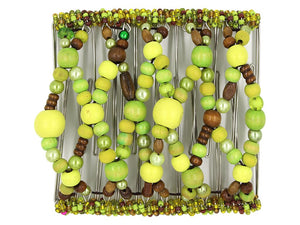 African Butterfly Wire Hair Clip - 11 Tong 536 - lime, yellow-green and light green wood beads with brown wood accents and green pearl beads, white background