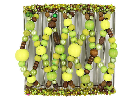 African Butterfly Wire Hair Clip - 11 Tong 536 - lime, yellow-green and light green wood beads with brown wood accents and green pearl beads, white background