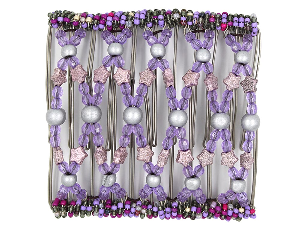 African Butterfly Wire Hair Clip - 11 Tong 537 - silver wood, lavender acrylic and glittery dusty rose star beads with fuchsia, lavender, and olive green seed bead edges, white background