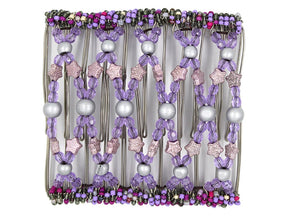 African Butterfly Wire Hair Clip - 11 Tong 537 - silver wood, lavender acrylic and glittery dusty rose star beads with fuchsia, lavender, and olive green seed bead edges, white background
