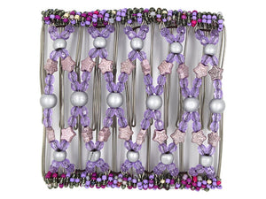 African Butterfly Wire Hair Clip - 11 Tong 537 - silver wood, lavender acrylic and glittery dusty rose star beads with fuchsia, lavender, and olive green seed bead edges, white background