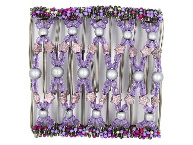 African Butterfly Wire Hair Clip - 11 Tong 537 - silver wood, lavender acrylic and glittery dusty rose star beads with fuchsia, lavender, and olive green seed bead edges, white background