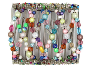 African Butterfly Wire Hair Clip - 11 Tong 538 - rainbow mix of pink, white, blue, green, purple, teal and coral pearl and acrylic beads, white background