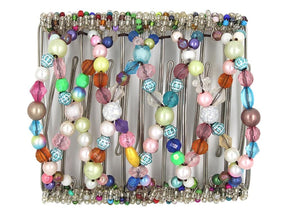 African Butterfly Wire Hair Clip - 11 Tong 538 - rainbow mix of pink, white, blue, green, purple, teal and coral pearl and acrylic beads, white background