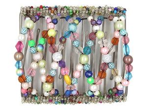 African Butterfly Wire Hair Clip - 11 Tong 538 - rainbow mix of pink, white, blue, green, purple, teal and coral pearl and acrylic beads, white background