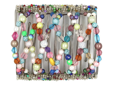 African Butterfly Wire Hair Clip - 11 Tong 538 - rainbow mix of pink, white, blue, green, purple, teal and coral pearl and acrylic beads, white background