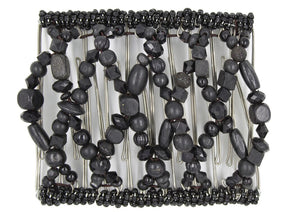 African Butterfly Wire Hair Clip - 11 Tong 540 - black wood and acrylic beads in various shapes and sizes with black seed bead edges, white background