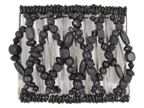 African Butterfly Wire Hair Clip - 11 Tong 540 - black wood and acrylic beads in various shapes and sizes with black seed bead edges, white background