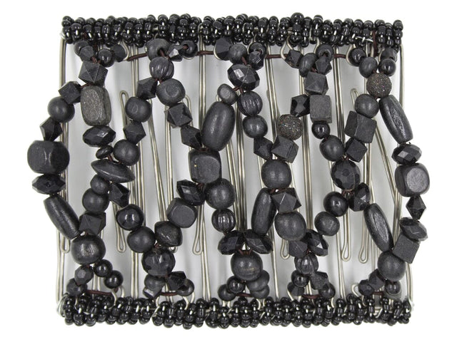 African Butterfly Wire Hair Clip - 11 Tong 540 - black wood and acrylic beads in various shapes and sizes with black seed bead edges, white background