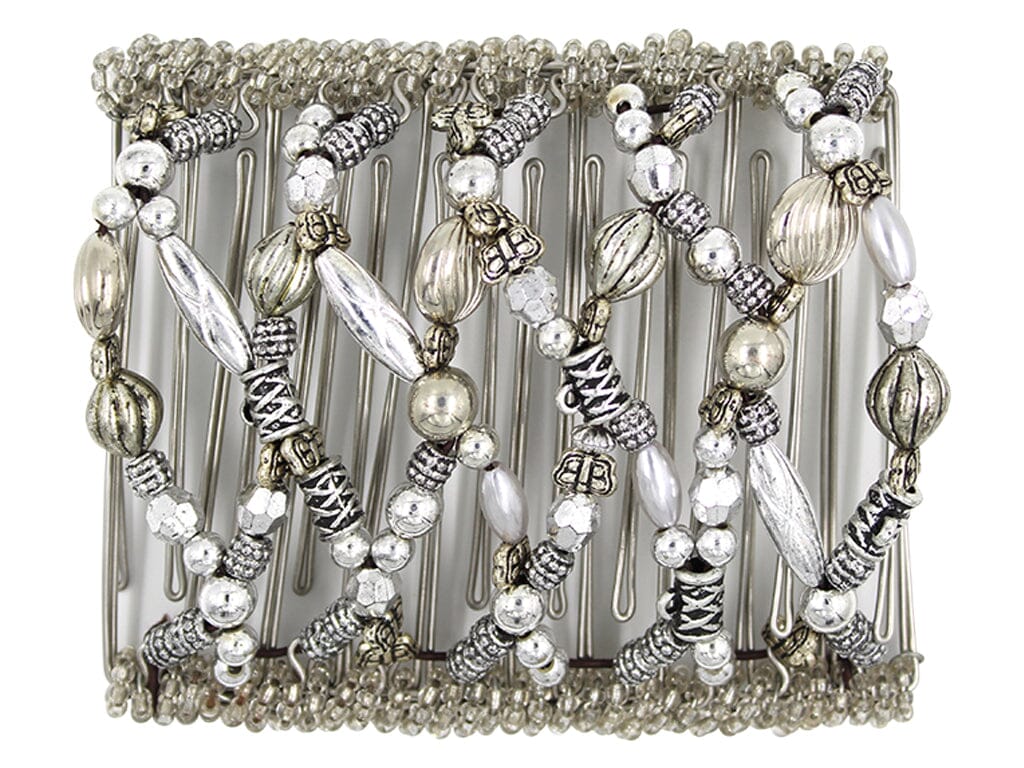 African Butterfly Wire Hair Clip - 11 Tong 541 - antique silver beads in mixed shapes with clear seed bead edges, white background