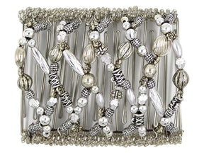 African Butterfly Wire Hair Clip - 11 Tong 541 - antique silver beads in mixed shapes with clear seed bead edges, white background