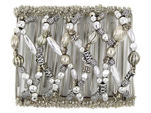 African Butterfly Wire Hair Clip - 11 Tong 541 - antique silver beads in mixed shapes with clear seed bead edges, white background