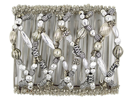 African Butterfly Wire Hair Clip - 11 Tong 541 - antique silver beads in mixed shapes with clear seed bead edges, white background
