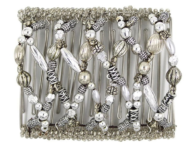 African Butterfly Wire Hair Clip - 11 Tong 541 - antique silver beads in mixed shapes with clear seed bead edges, white background
