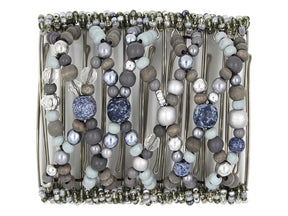 African Butterfly Wire Hair Clip - 11 Tong 542 - dark and light gray wood and fancy beads, white background