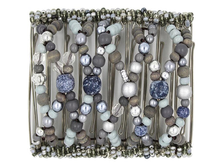 African Butterfly Wire Hair Clip - 11 Tong 542 - dark and light gray wood and fancy beads, white background