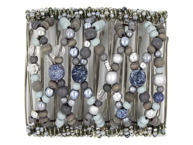 African Butterfly Wire Hair Clip - 11 Tong 542 - dark and light gray wood and fancy beads, white background
