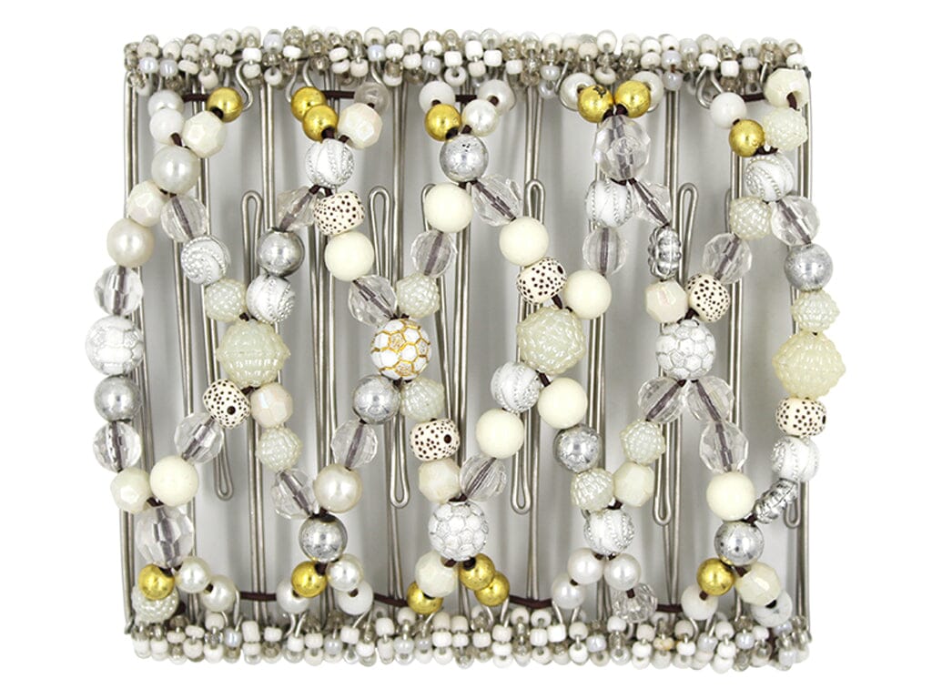 African Butterfly Wire Hair Clip - 11 Tong 470 - clear acrylic, natural wood, silver and gold accents, white pearl beads, white background