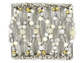 African Butterfly Wire Hair Clip - 11 Tong 470 - clear acrylic, natural wood, silver and gold accents, white pearl beads, white background
