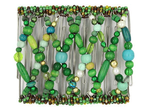 African Butterfly Wire Hair Clip - 11 Tong 546 - mint, sage, emerald and forest green beads, white background