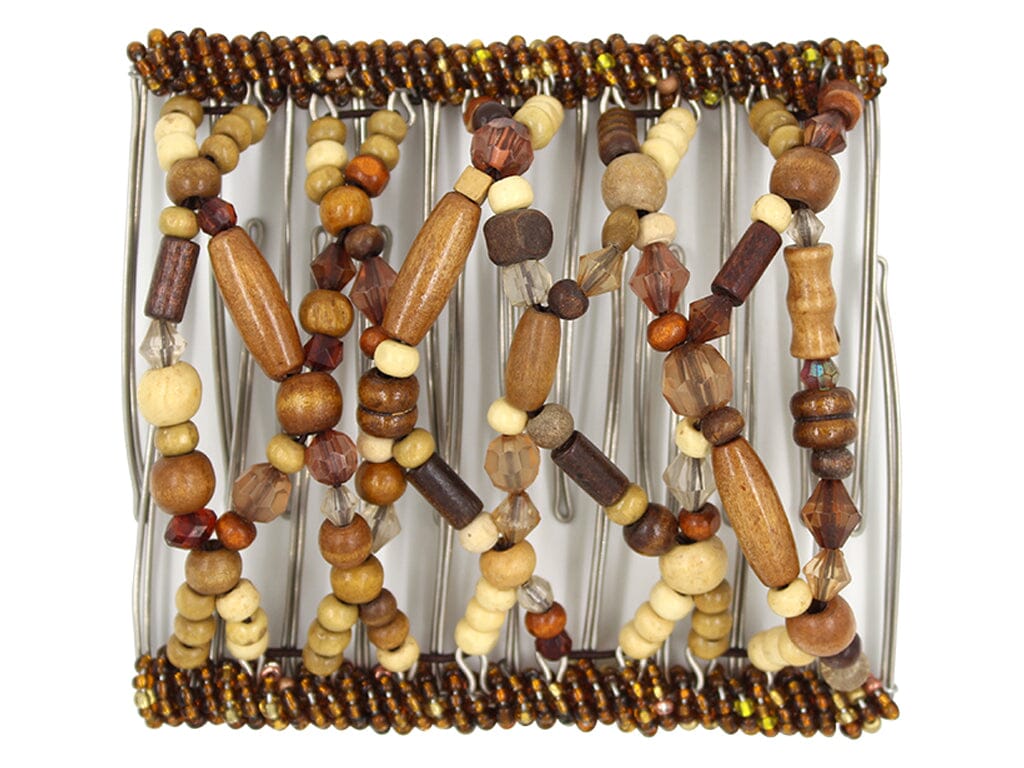 African Butterfly Wire Hair Clip - 11 Tong 547 - blonde and light to dark brown natural wood beads, white background