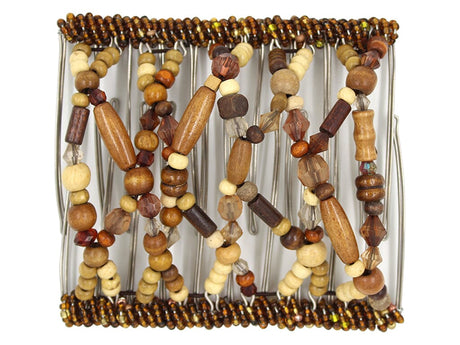 African Butterfly Wire Hair Clip - 11 Tong 547 - blonde and light to dark brown natural wood beads, white background