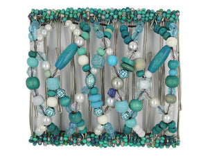 African Butterfly Wire Hair Clip - 11 Tong 548 - turquoise, teal and aqua wood beads, white pearl and Czech seed beads, white background