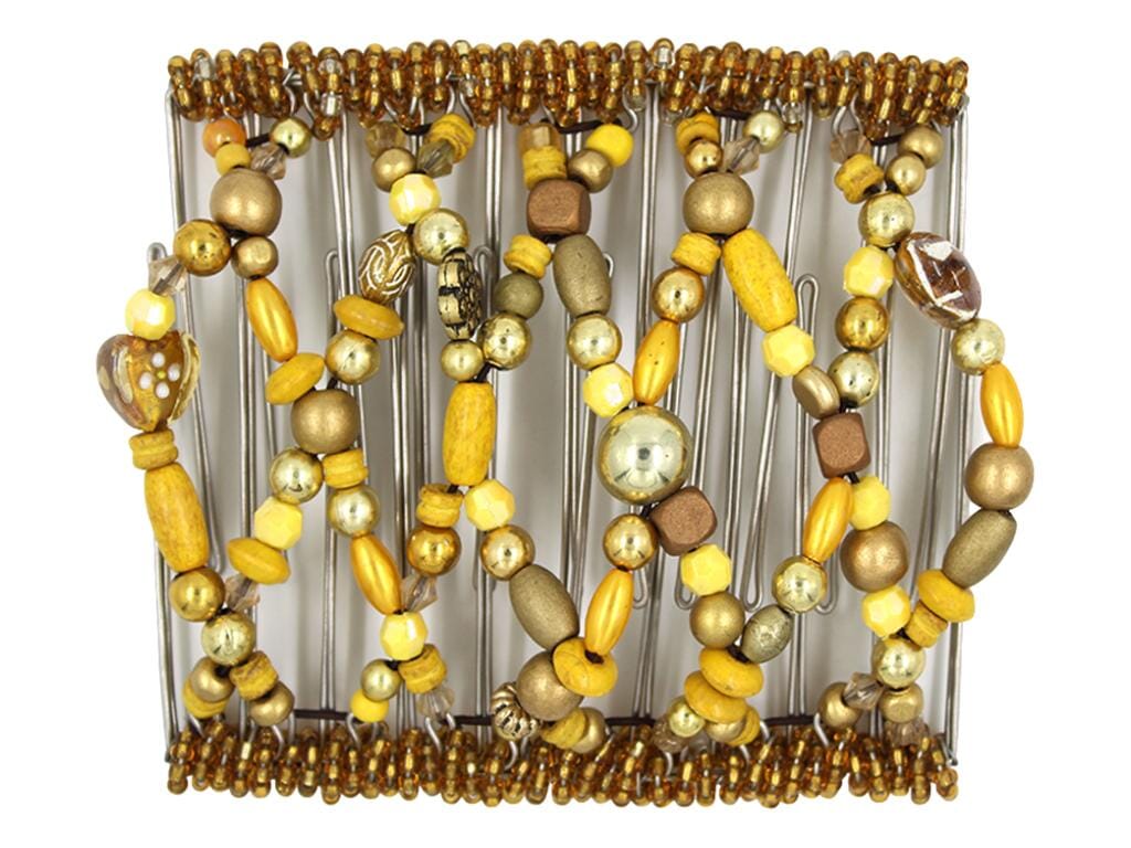 African Butterfly Wire Hair Clip - 11 Tong 549 - sunny yellow and gold beads with gold Czech seed beads, white background