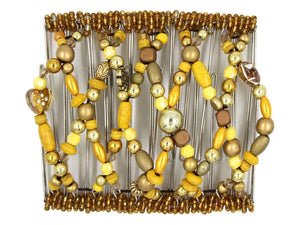 African Butterfly Wire Hair Clip - 11 Tong 549 - sunny yellow and gold beads with gold Czech seed beads, white background