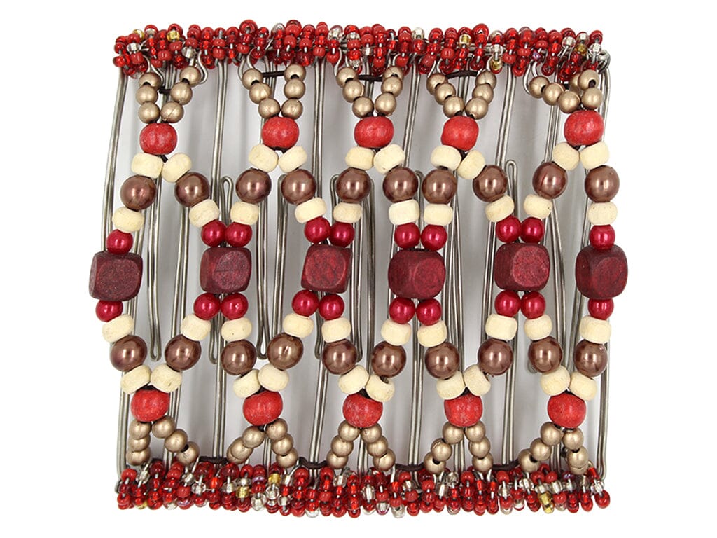 African Butterfly Wire Hair Clip - 11 Tong 550 - brick red, cherry red, rustic cream wood beads, toffee brown pearl and brass beads, white background