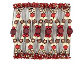 African Butterfly Wire Hair Clip - 11 Tong 550 - brick red, cherry red, rustic cream wood beads, toffee brown pearl and brass beads, white background