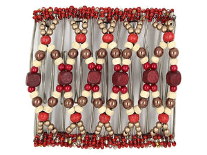 African Butterfly Wire Hair Clip - 11 Tong 550 - brick red, cherry red, rustic cream wood beads, toffee brown pearl and brass beads, white background