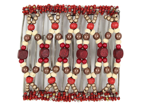 African Butterfly Wire Hair Clip - 11 Tong 550 - brick red, cherry red, rustic cream wood beads, toffee brown pearl and brass beads, white background