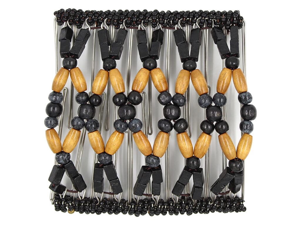 African Butterfly Wire Hair Clip - 11 Tong 551 - black and honey blonde wood beads, white background