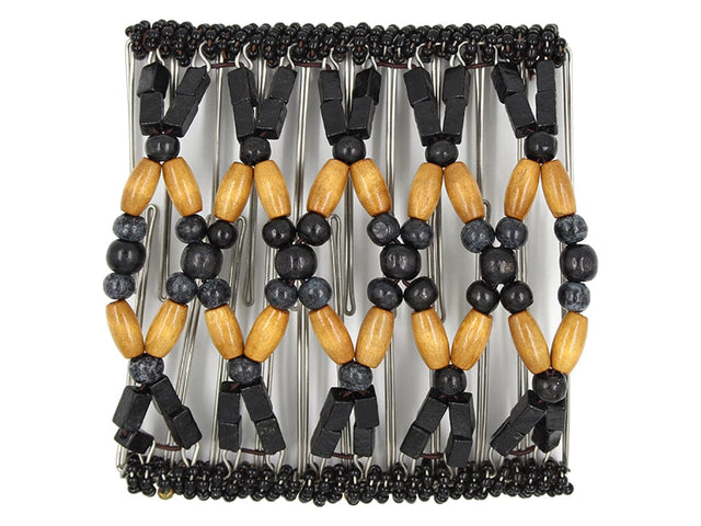 African Butterfly Wire Hair Clip - 11 Tong 551 - black and honey blonde wood beads, white background